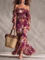 Renske | Roze Maxi Jurk met Bloemenprint en Blote Schouders