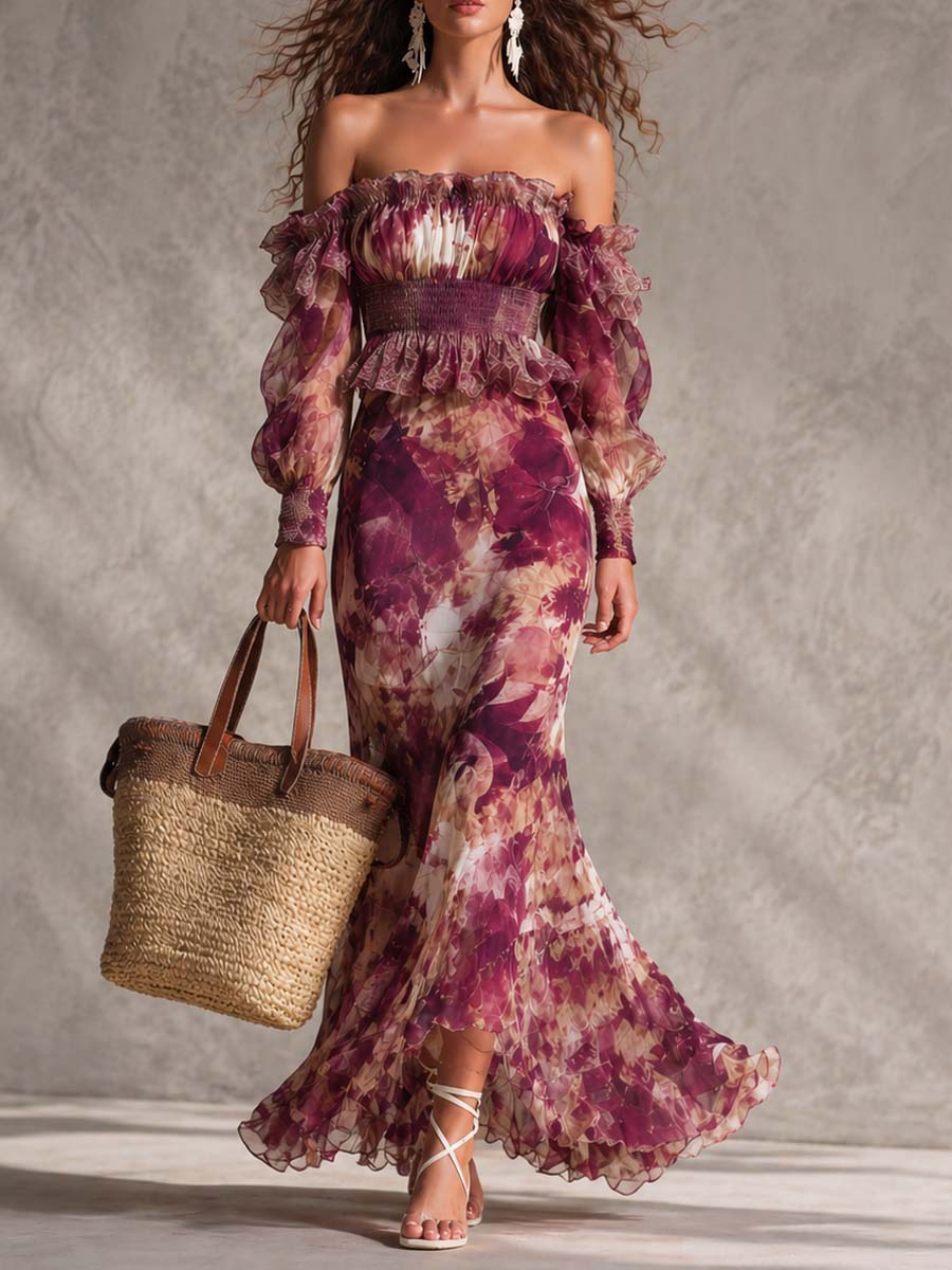 Renske | Roze Maxi Jurk met Bloemenprint en Blote Schouders