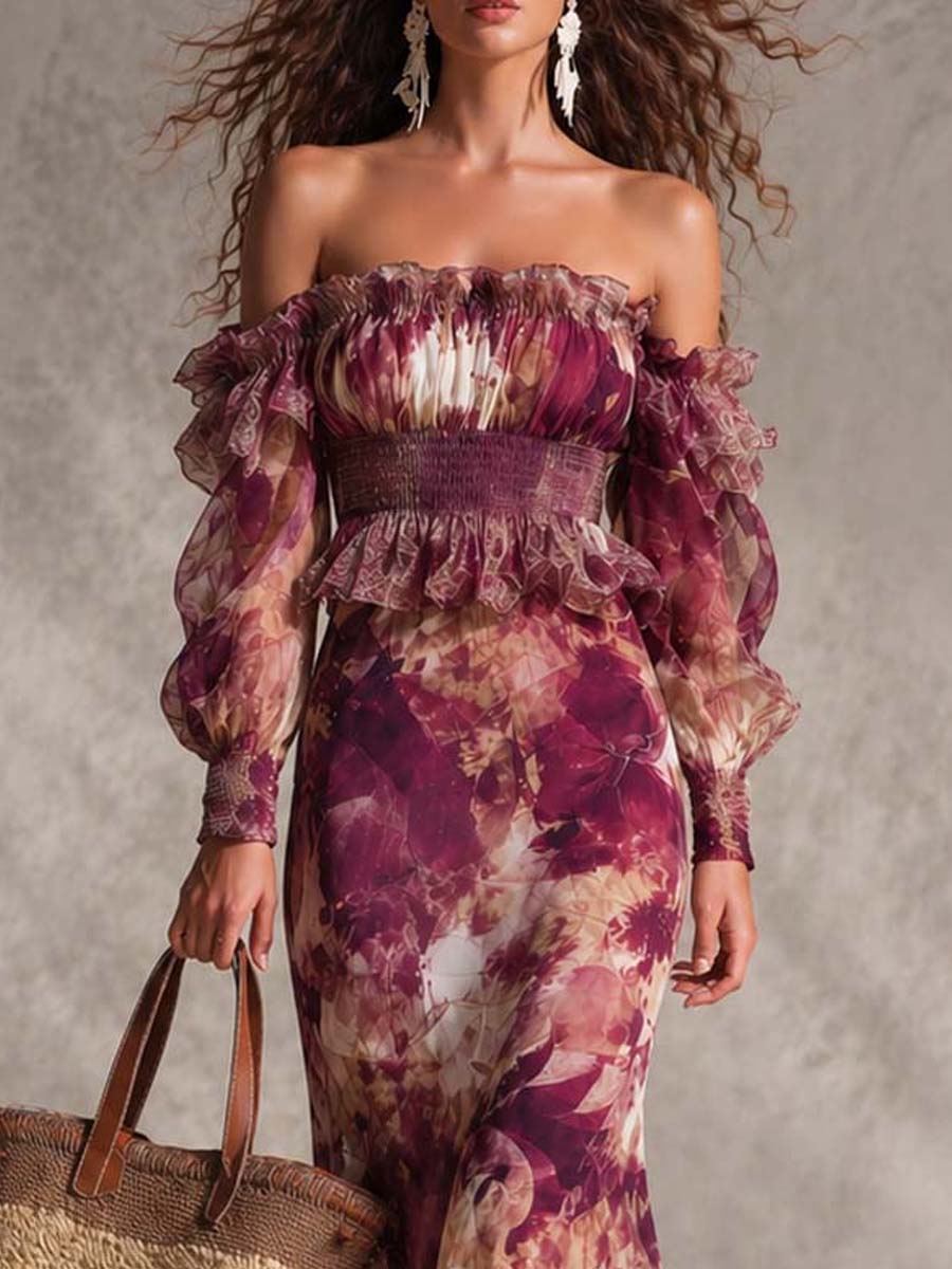 Renske | Roze Maxi Jurk met Bloemenprint en Blote Schouders