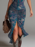 Saskia | Blauwe Midi Jurk met Verfprint en Kant