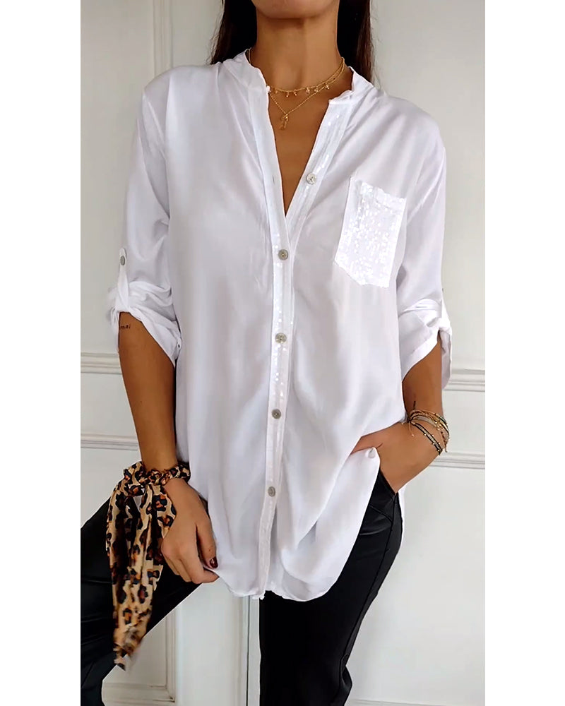 Laluna® | Casual top met pailletteninzet en knopen