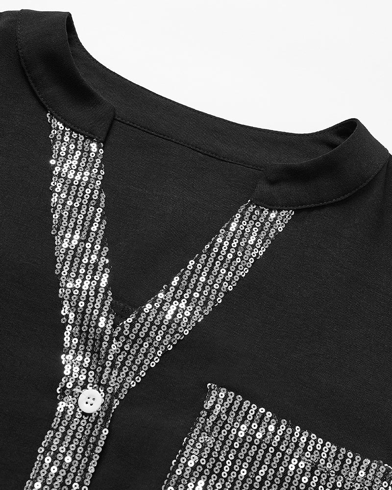 Laluna® | Casual top met pailletteninzet en knopen
