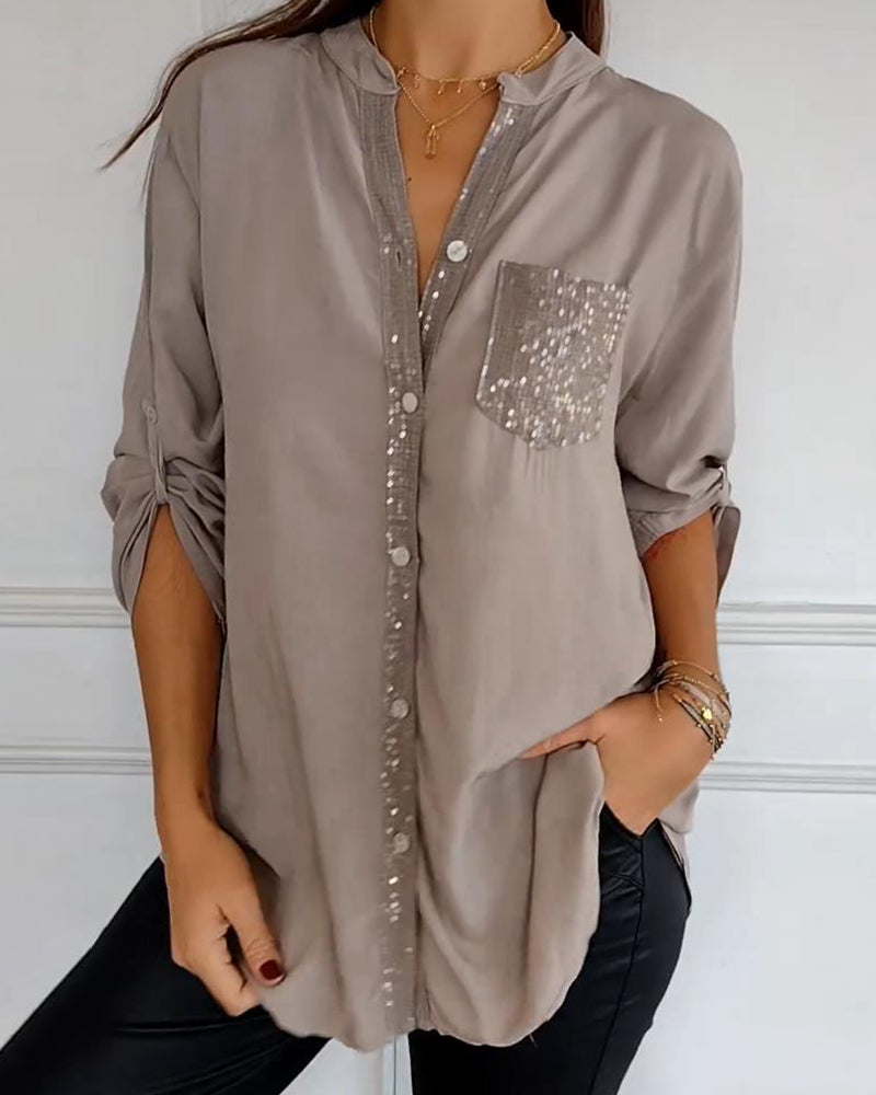 Laluna® | Casual top met pailletteninzet en knopen