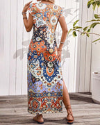 Kleurrijke casual jurk met print en splitten