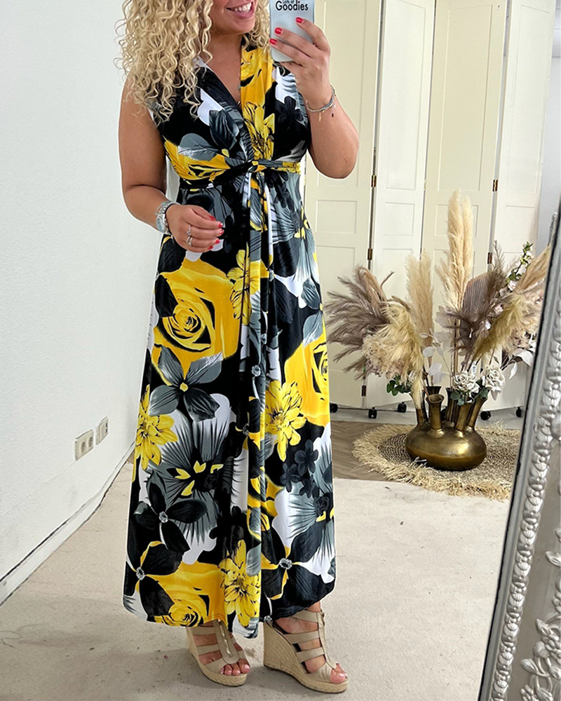 Mouwloze Geplooide Jurk met Bloemen