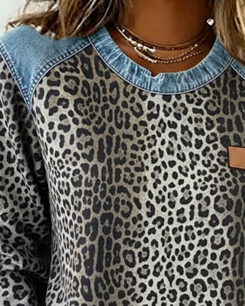 Laluna® | Trui met Luipaardprint en Denim Patchwork