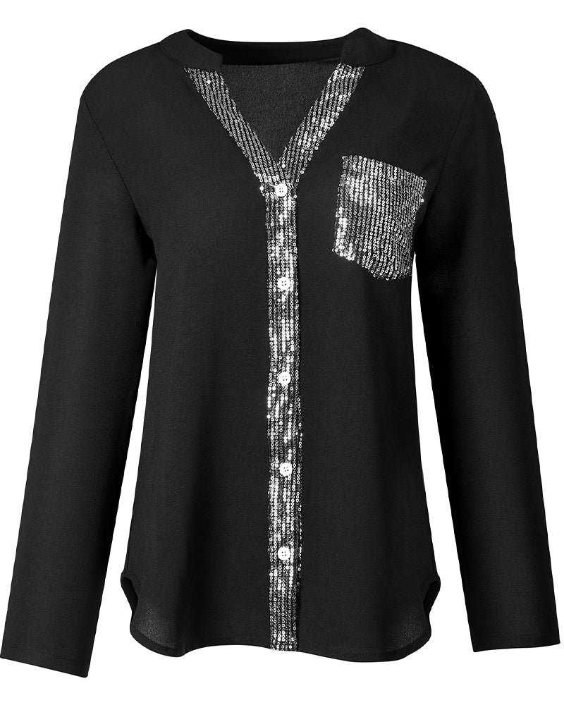 Laluna® | Casual top met pailletteninzet en knopen