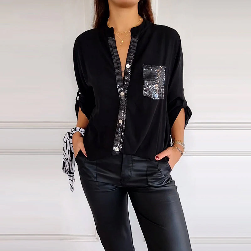 Laluna® | Casual top met pailletteninzet en knopen