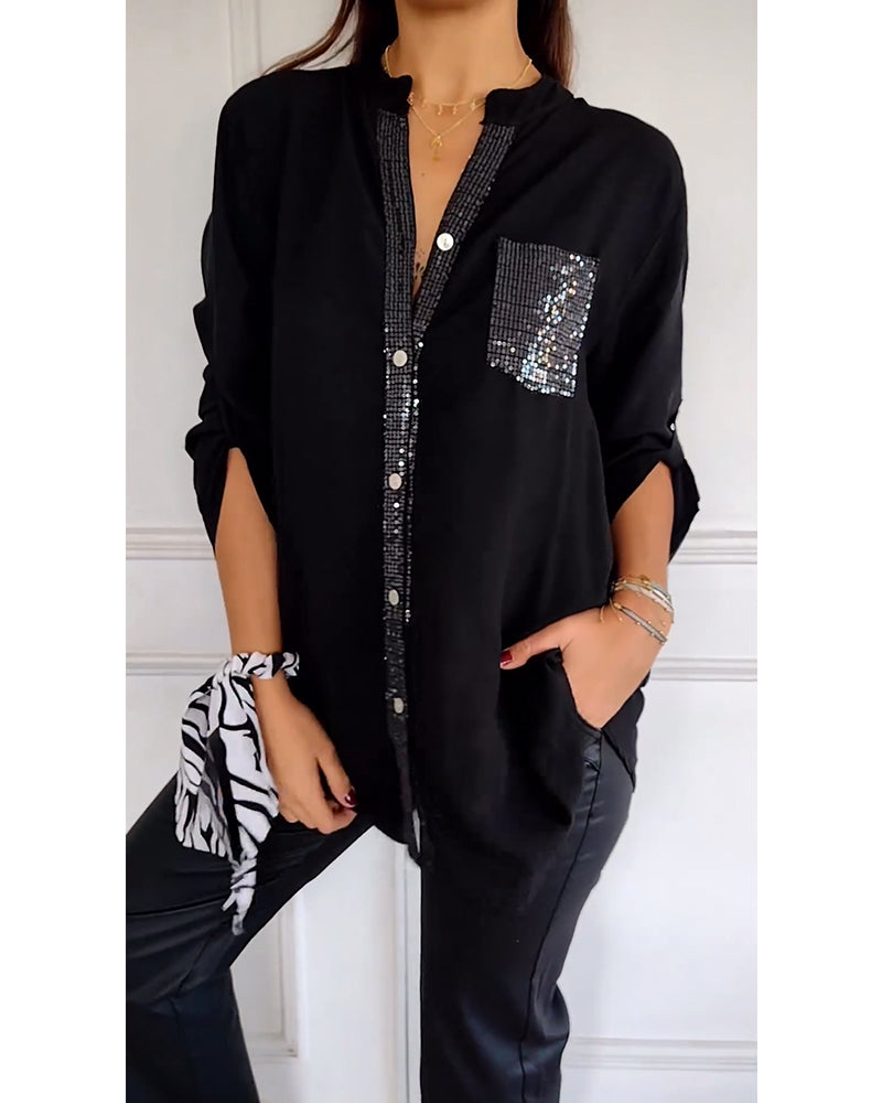 Laluna® | Casual top met pailletteninzet en knopen