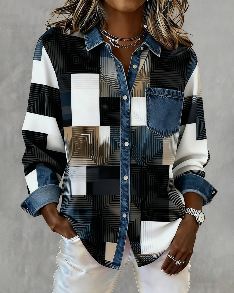 Laluna® | Kleurblok Shirt met Modieuze Kraag