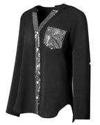 Laluna® | Casual top met pailletteninzet en knopen