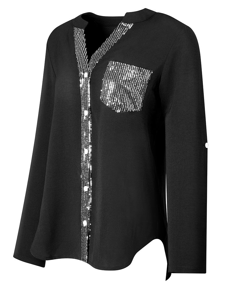 Laluna® | Casual top met pailletteninzet en knopen