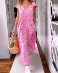 Laluna® | Maxi-jurk met V-hals en korte mouwen in print
