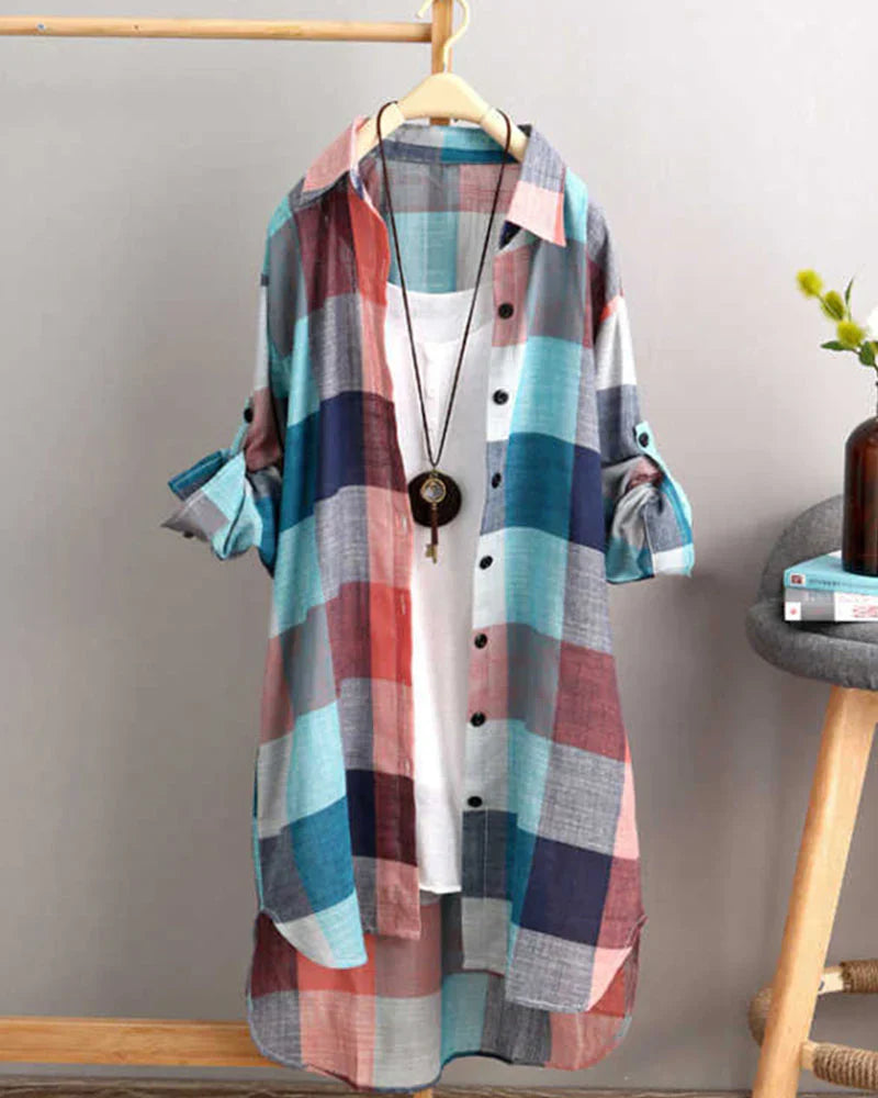 Laluna® | Shirt met lange mouwen en geruite print