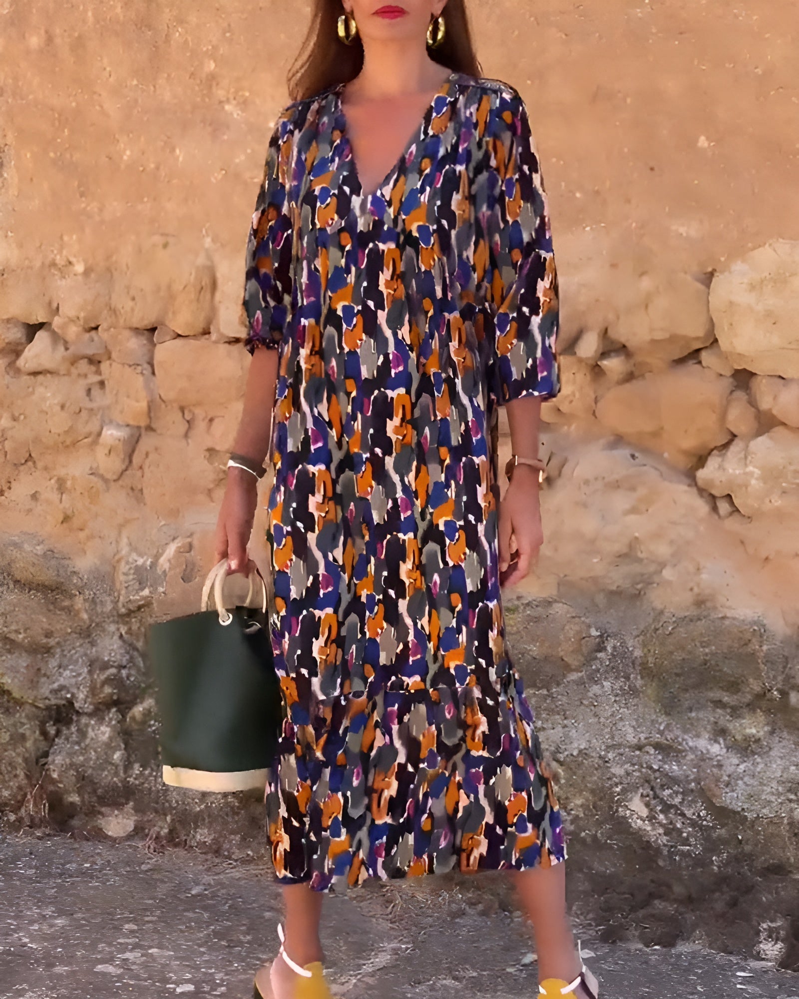 Laluna® | V-hals jurk met retroprint