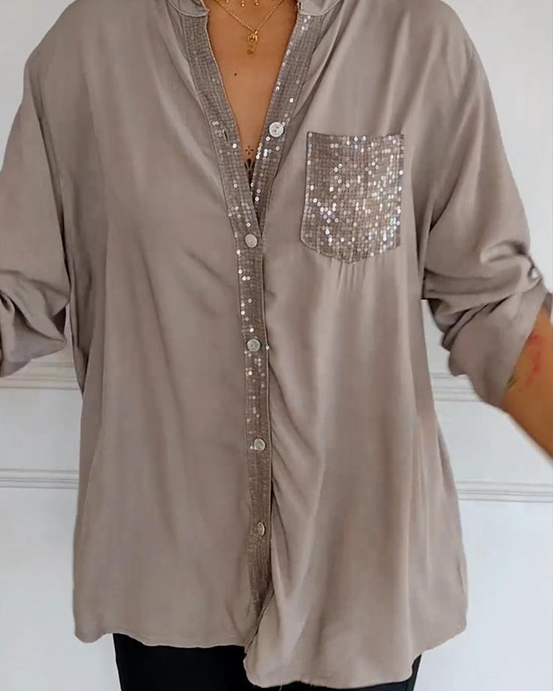 Laluna® | Casual top met pailletteninzet en knopen