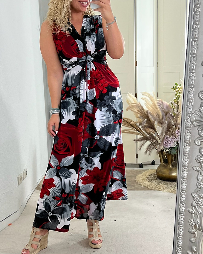 Mouwloze Geplooide Jurk met Bloemen