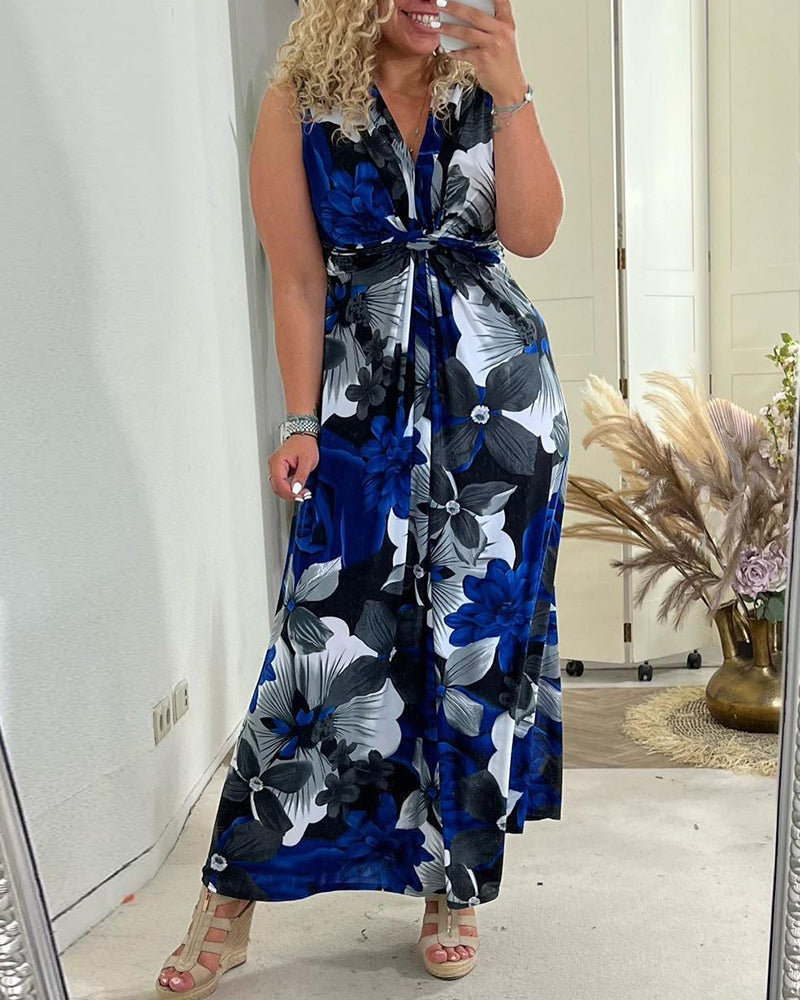 Mouwloze Geplooide Jurk met Bloemen