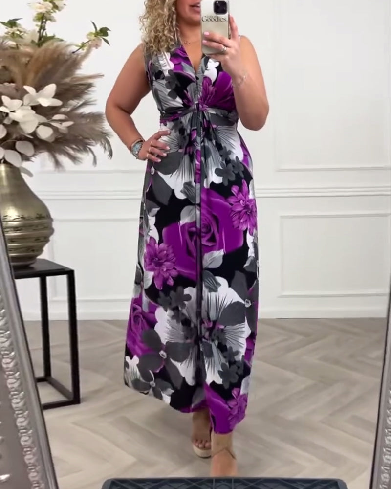 Mouwloze Geplooide Jurk met Bloemen