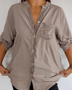 Laluna® | Casual top met pailletteninzet en knopen