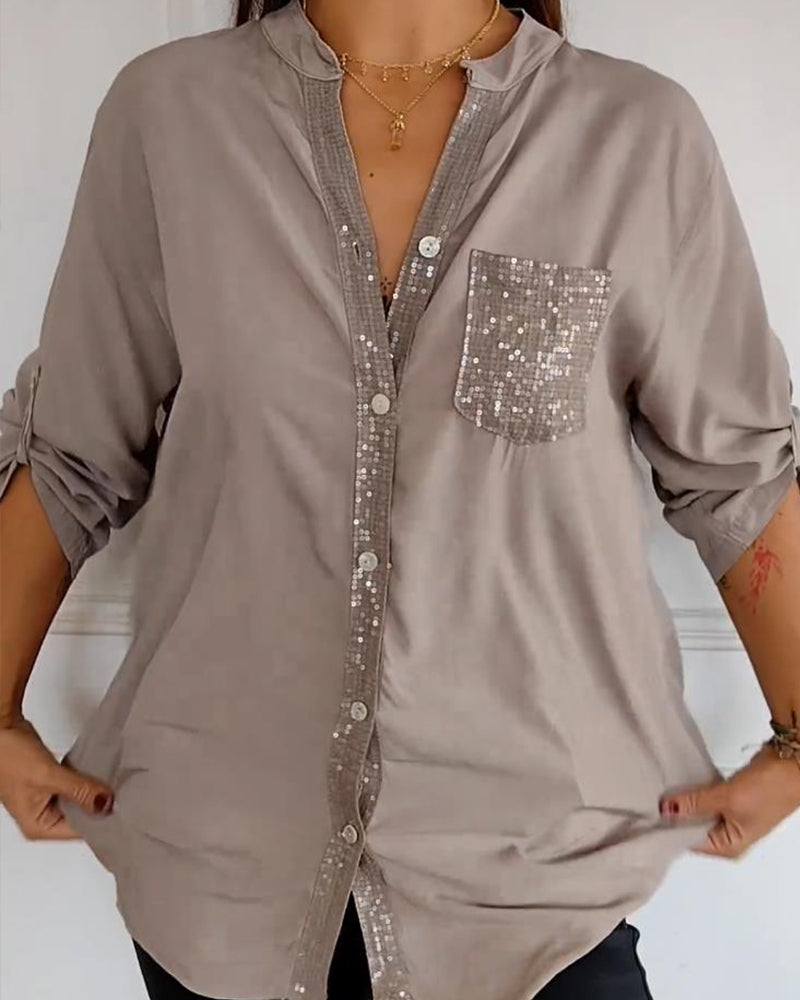 Laluna® | Casual top met pailletteninzet en knopen
