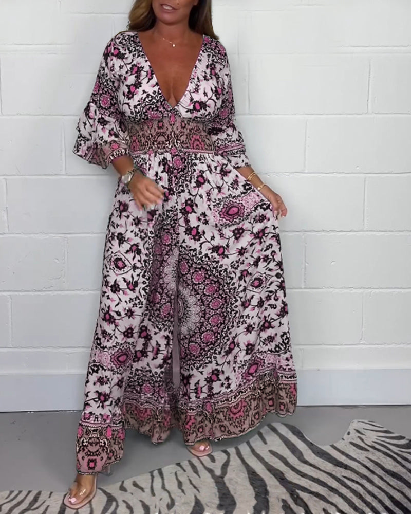 Laluna® | Bedrukte jumpsuit met diepe V-halslijn