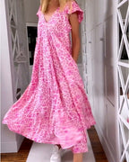 Laluna® | Maxi-jurk met V-hals en korte mouwen in print