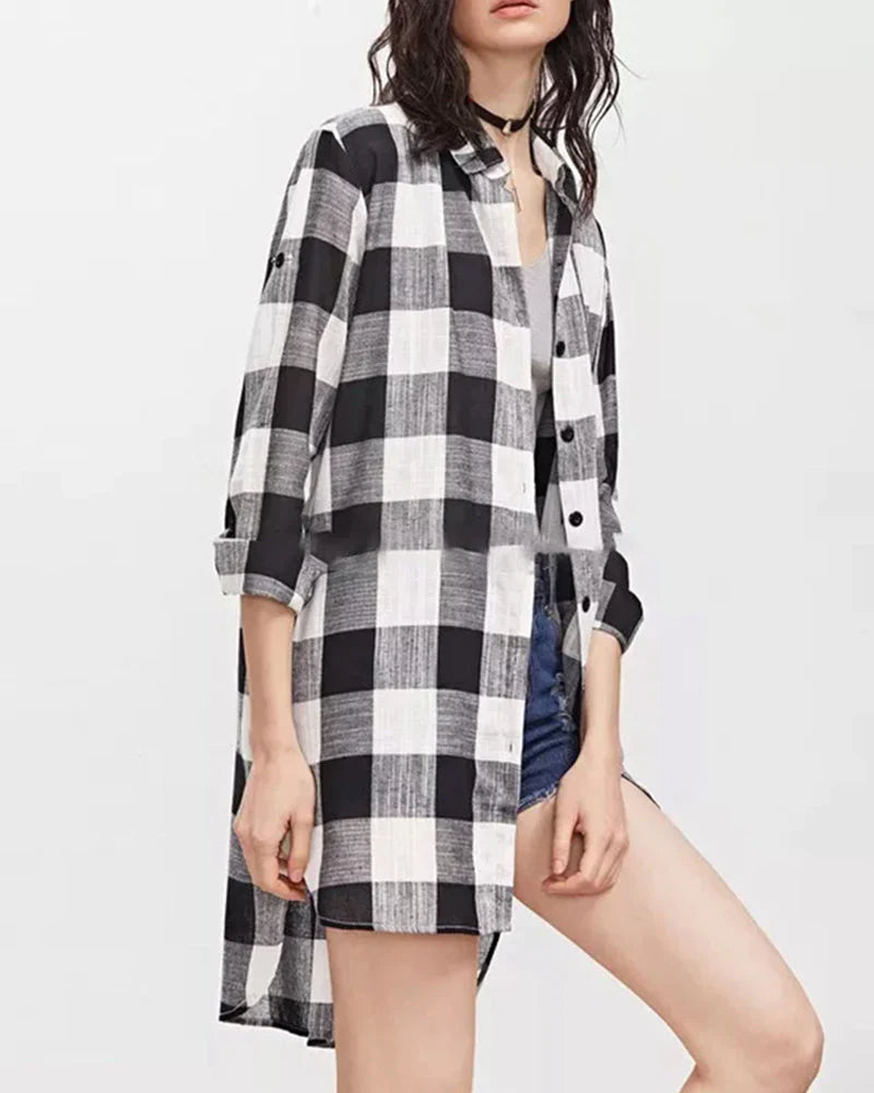 Laluna® | Shirt met lange mouwen en geruite print