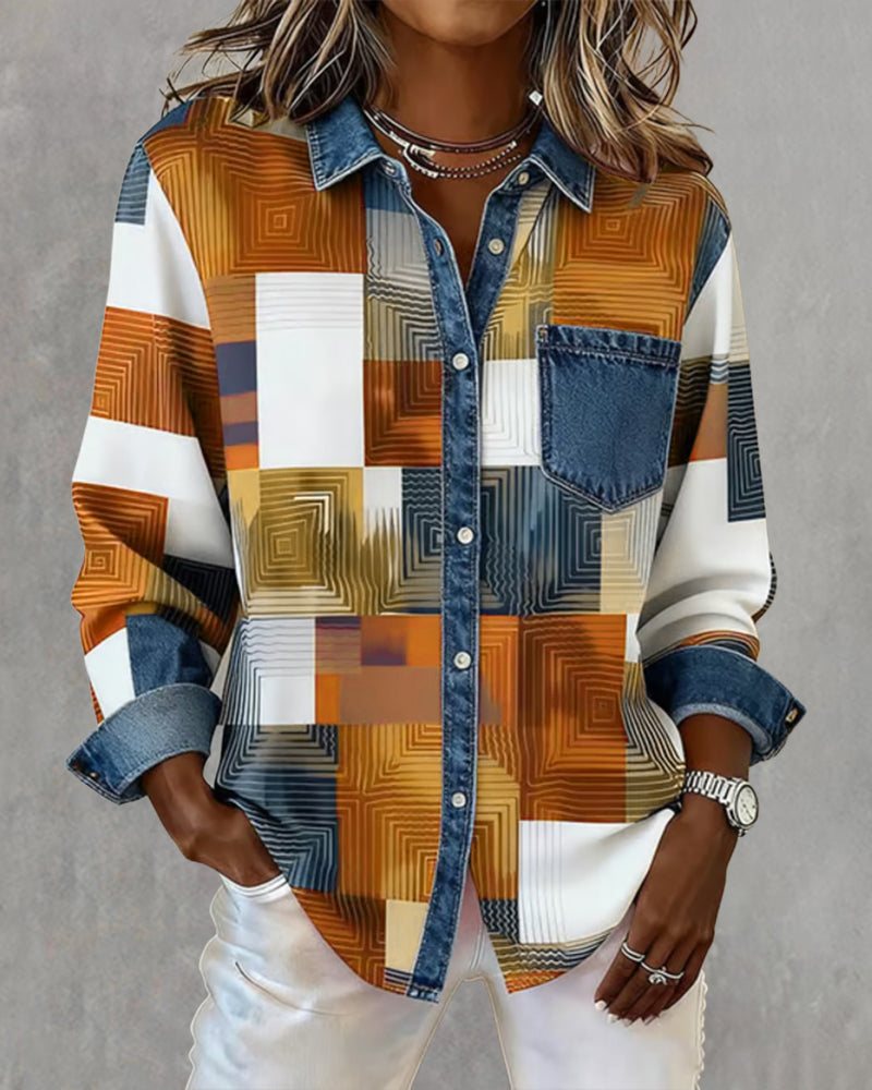 Laluna® | Kleurblok Shirt met Modieuze Kraag