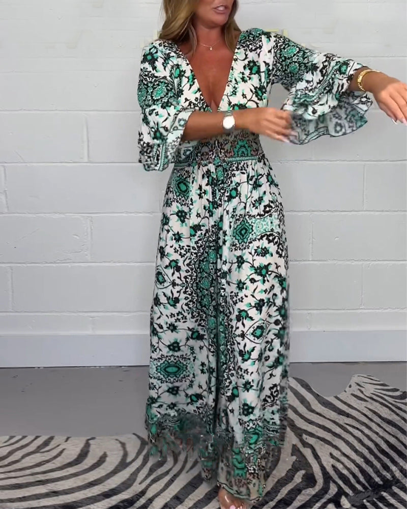 Laluna® | Bedrukte jumpsuit met diepe V-halslijn