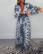 Laluna® | Bedrukte jumpsuit met diepe V-halslijn