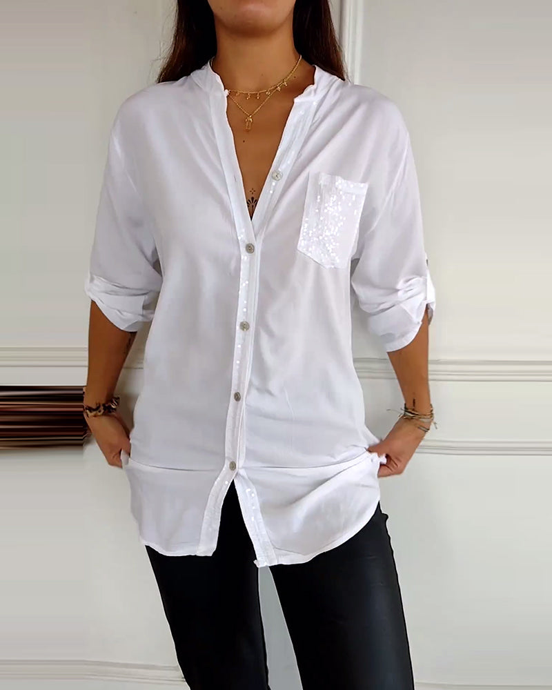 Laluna® | Casual top met pailletteninzet en knopen