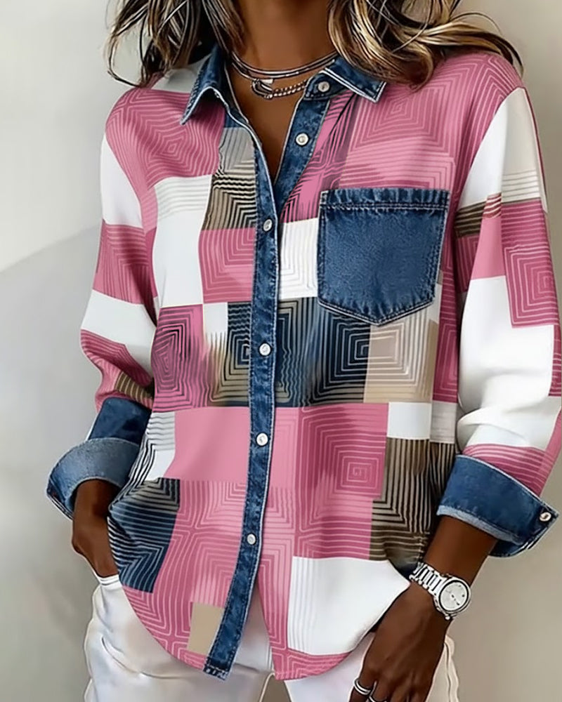 Laluna® | Kleurblok Shirt met Modieuze Kraag