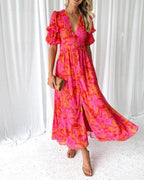 Laluna® | Elegante V-hals Maxi jurk met pofmouwen