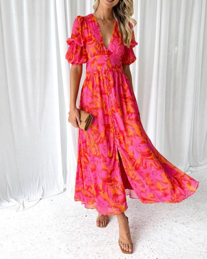 Laluna® | Elegante V-hals Maxi jurk met pofmouwen