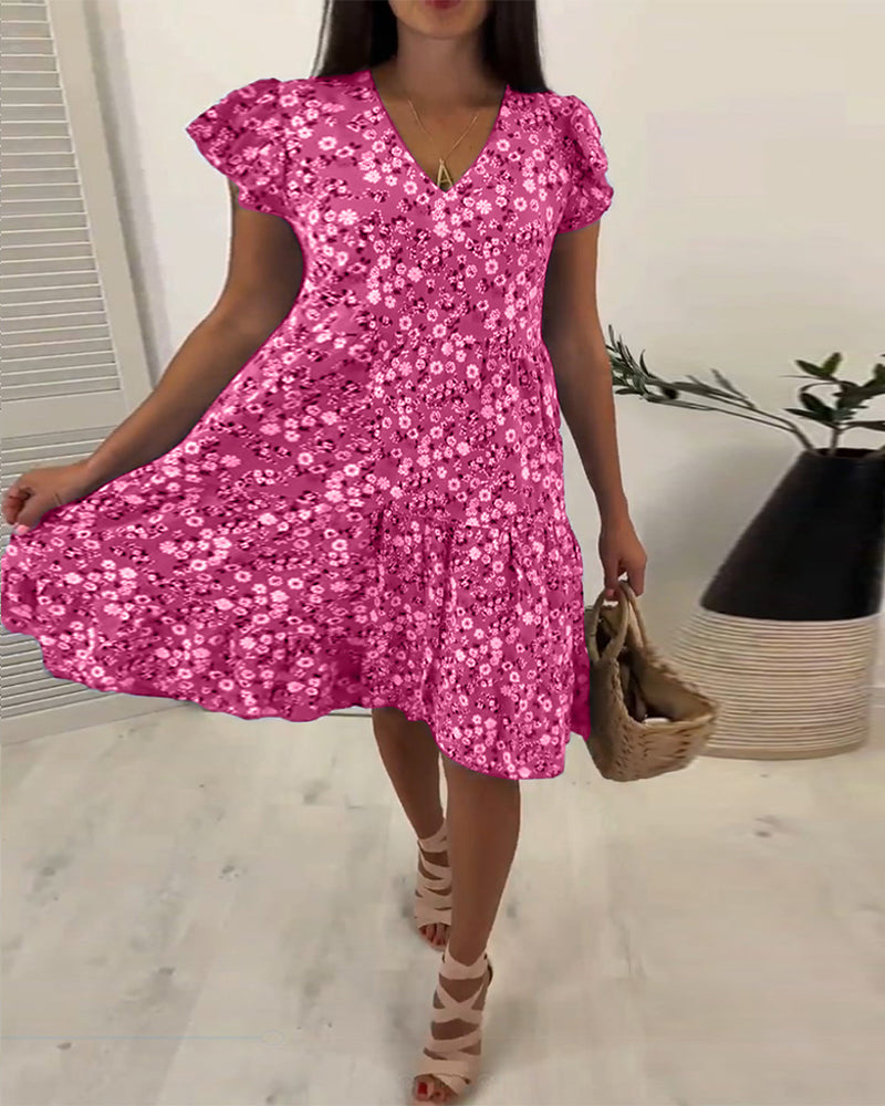 Laluna® | Midi-jurk met V-hals en gebloemde mouwen