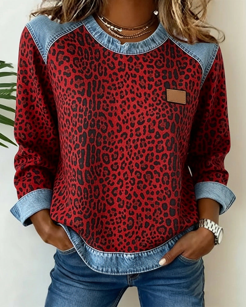Laluna® | Trui met Luipaardprint en Denim Patchwork