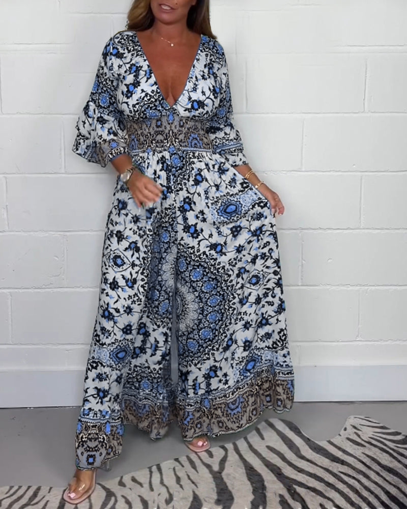 Laluna® | Bedrukte jumpsuit met diepe V-halslijn