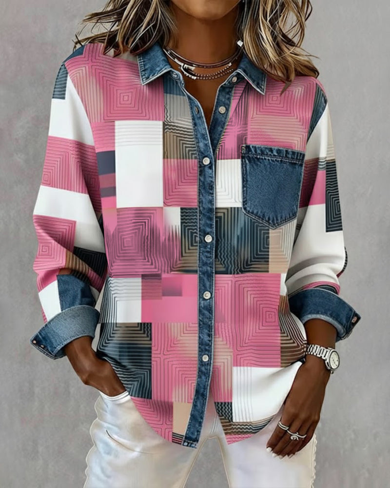 Laluna® | Kleurblok Shirt met Modieuze Kraag