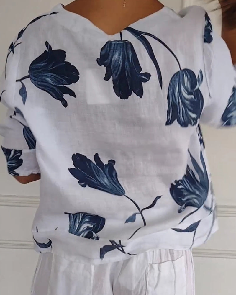 Top van katoen en linnen met bloemenprint