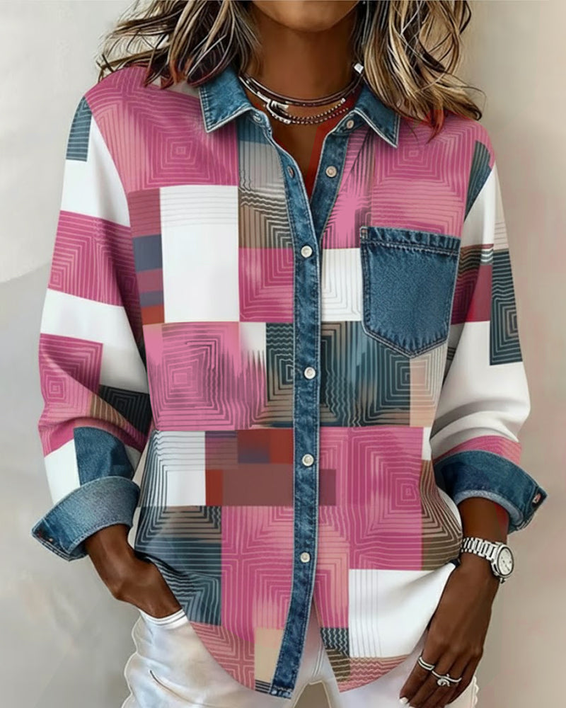 Laluna® | Kleurblok Shirt met Modieuze Kraag