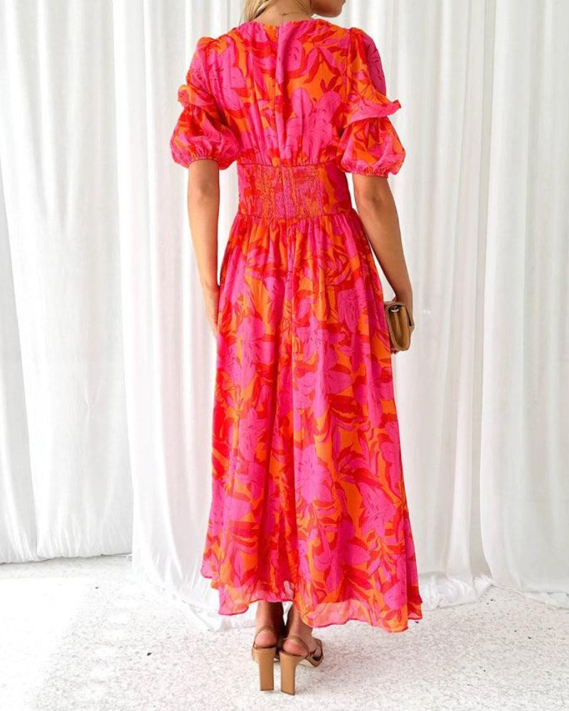 Laluna® | Elegante V-hals Maxi jurk met pofmouwen