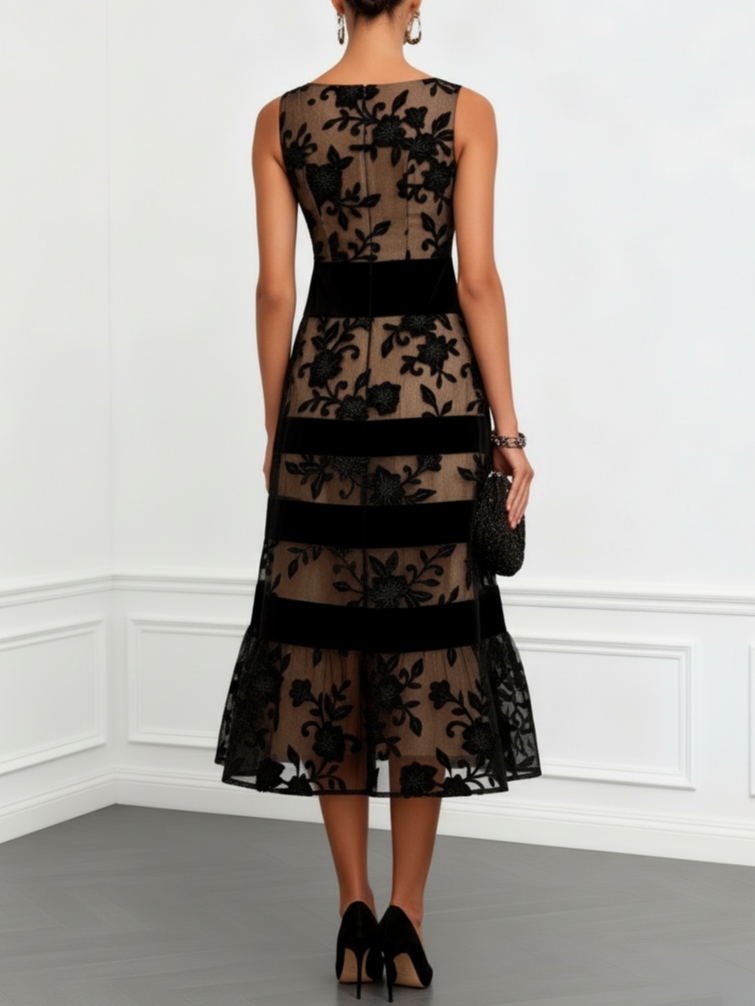 Nienke | Zwarte Tule Midi Jurk met Bloemenprint