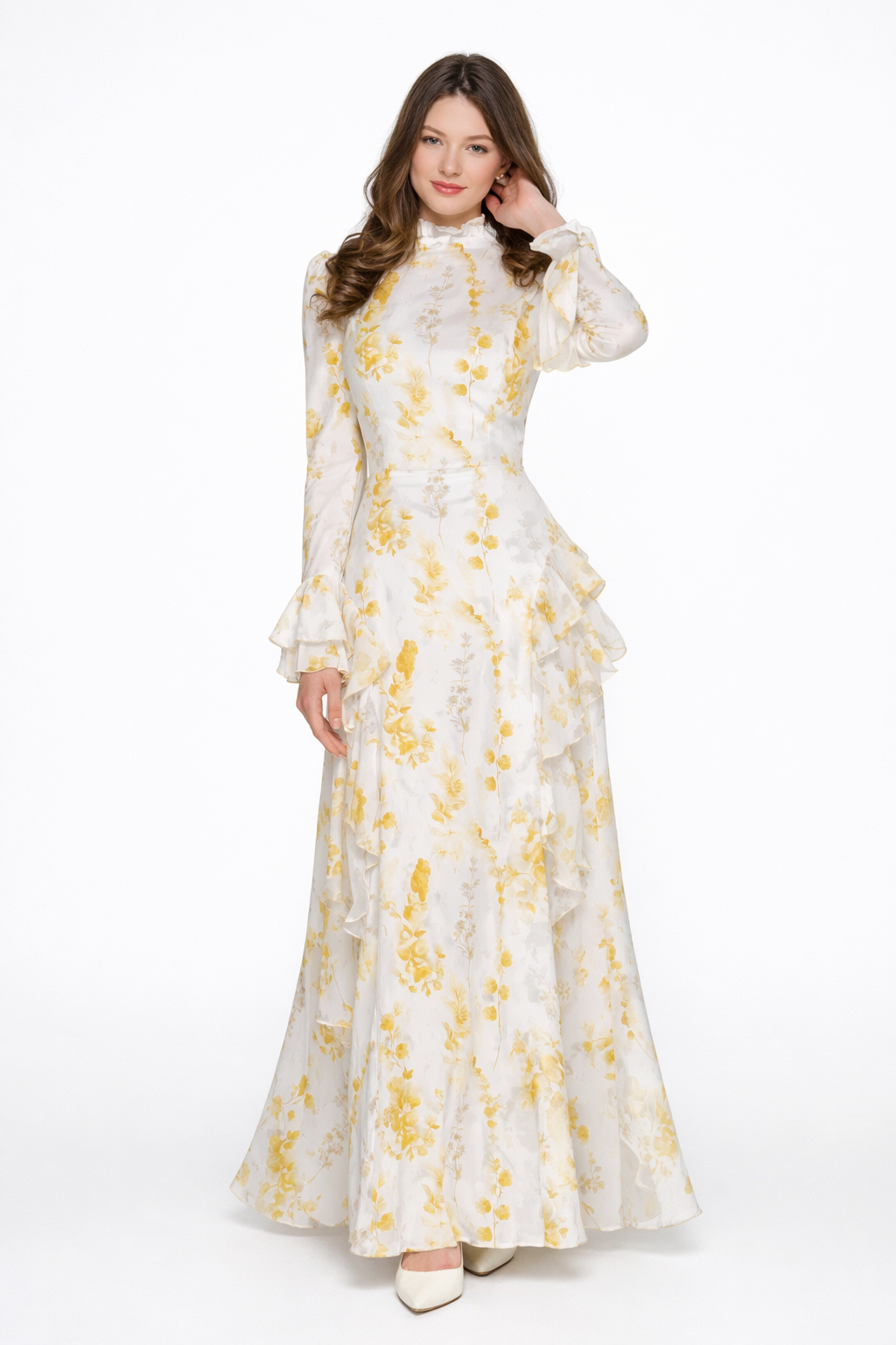 Marijke | Beige Asymmetrische Maxi Jurk met Verfprint
