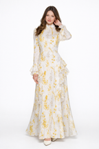 Marijke | Beige Asymmetrische Maxi Jurk met Verfprint