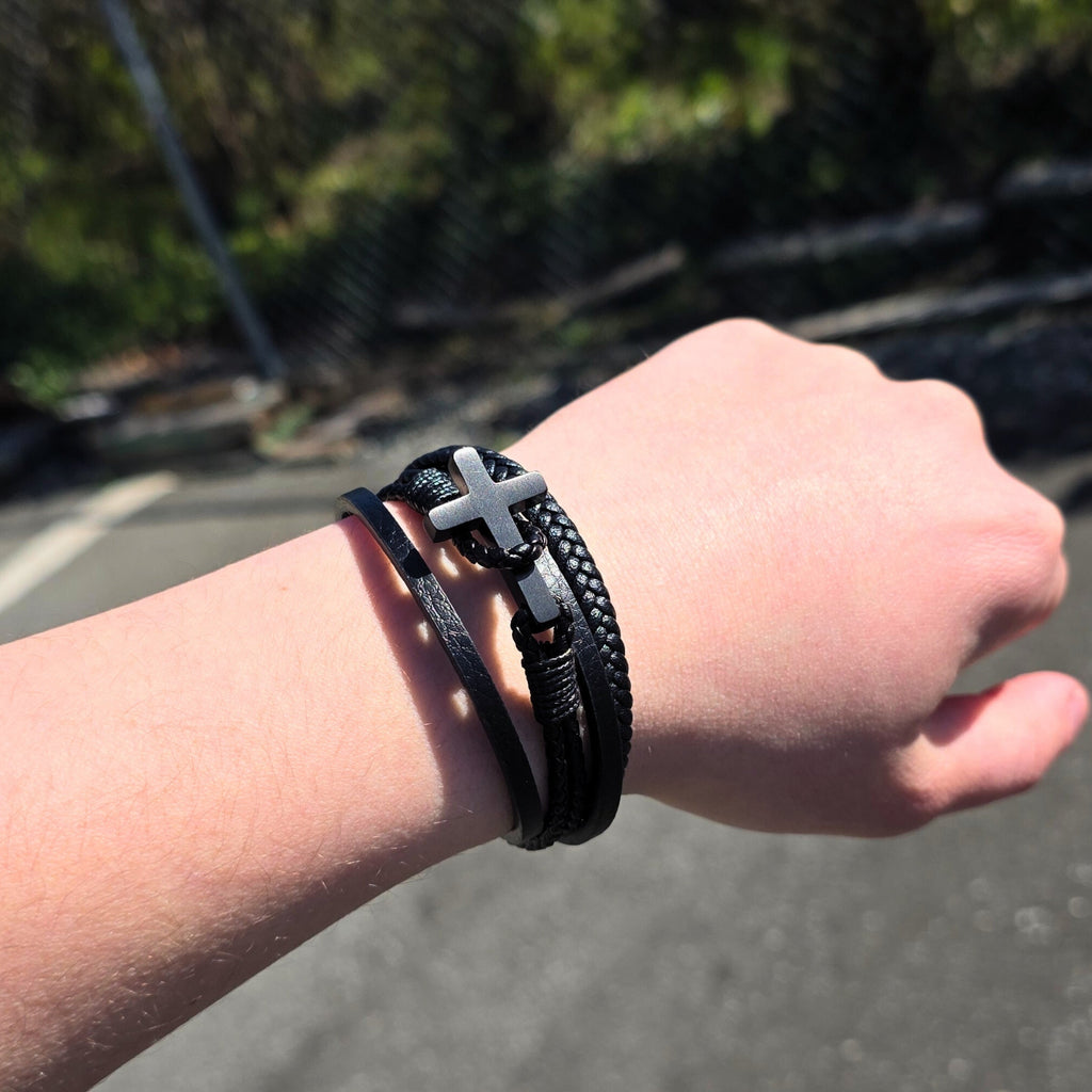 Heren Gevlochten Leren Kruisarmband