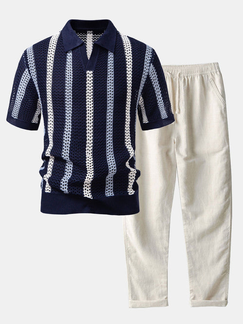 Gestreepte gehaakte V-hals Polo & linnen broek met rechte pijpen