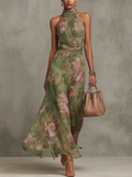 Serena ∙ Lange groene chiffon jurk met halternek