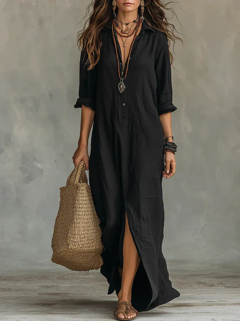 Anouk | Zwarte Maxi Jurk met Knopen
