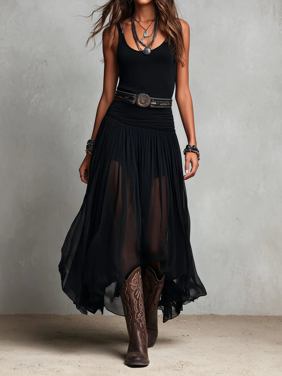 Naomi | Zwarte Mouwloze Maxi Jurk met Tule Rok